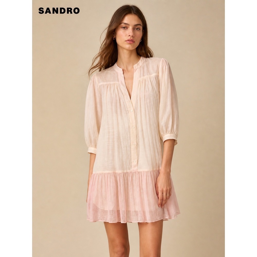 Sandro Pink Dip Dye Ombre Babydoll Mini Dress Ruffle Hem 3/4 Sleeve V-Neck